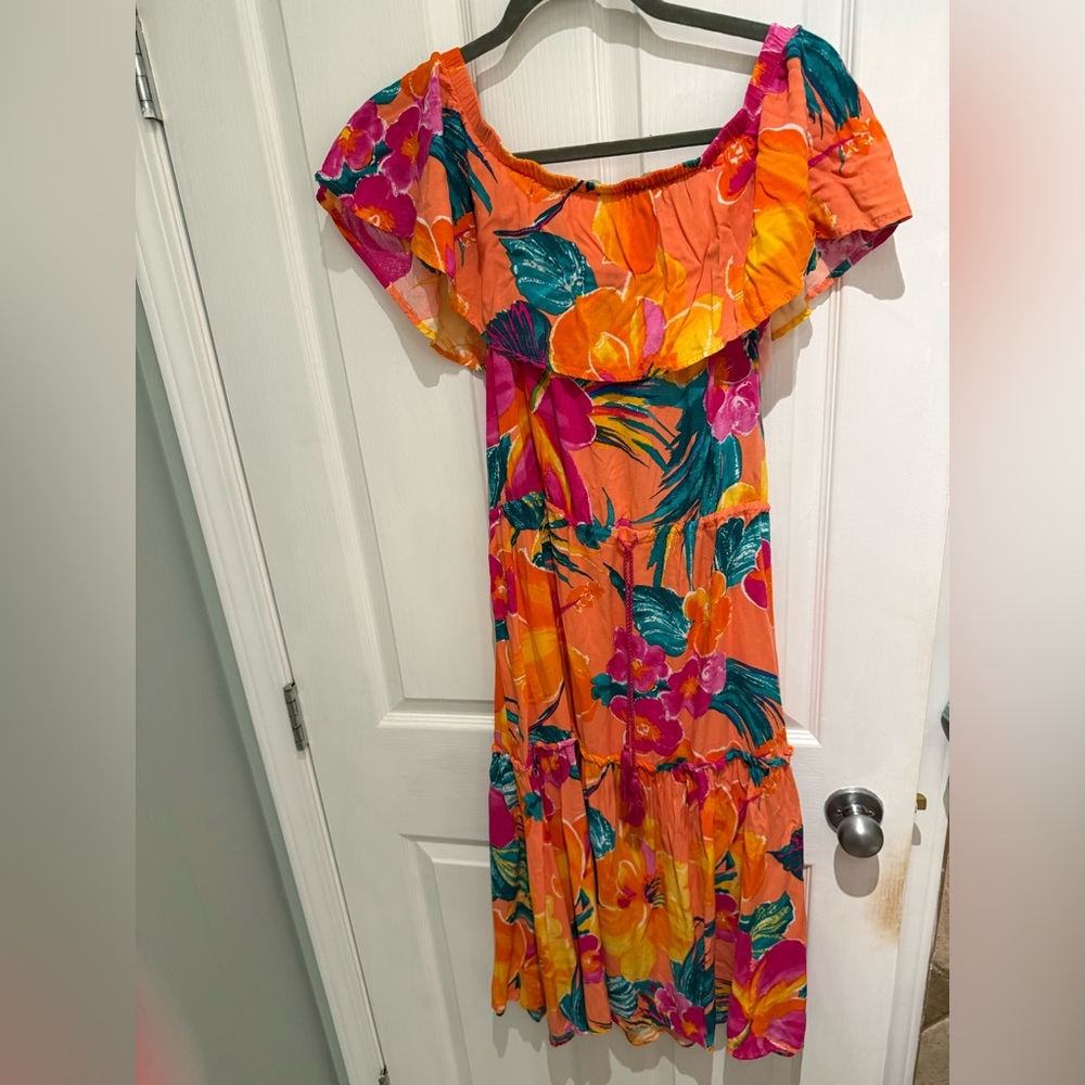 LA BLANCA Isla Off Shoulder Floral Print Cover Up Midi Dress, Size Medium
